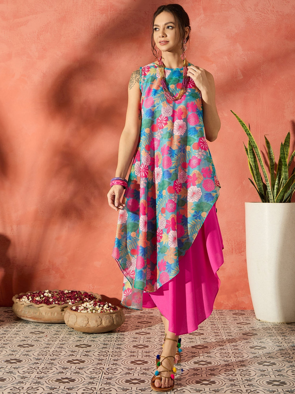 InWeave Blue Floral Fuchsia Asymmetrical Dress - Distacart