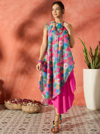 InWeave Blue Floral Fuchsia Asymmetrical Dress - Distacart