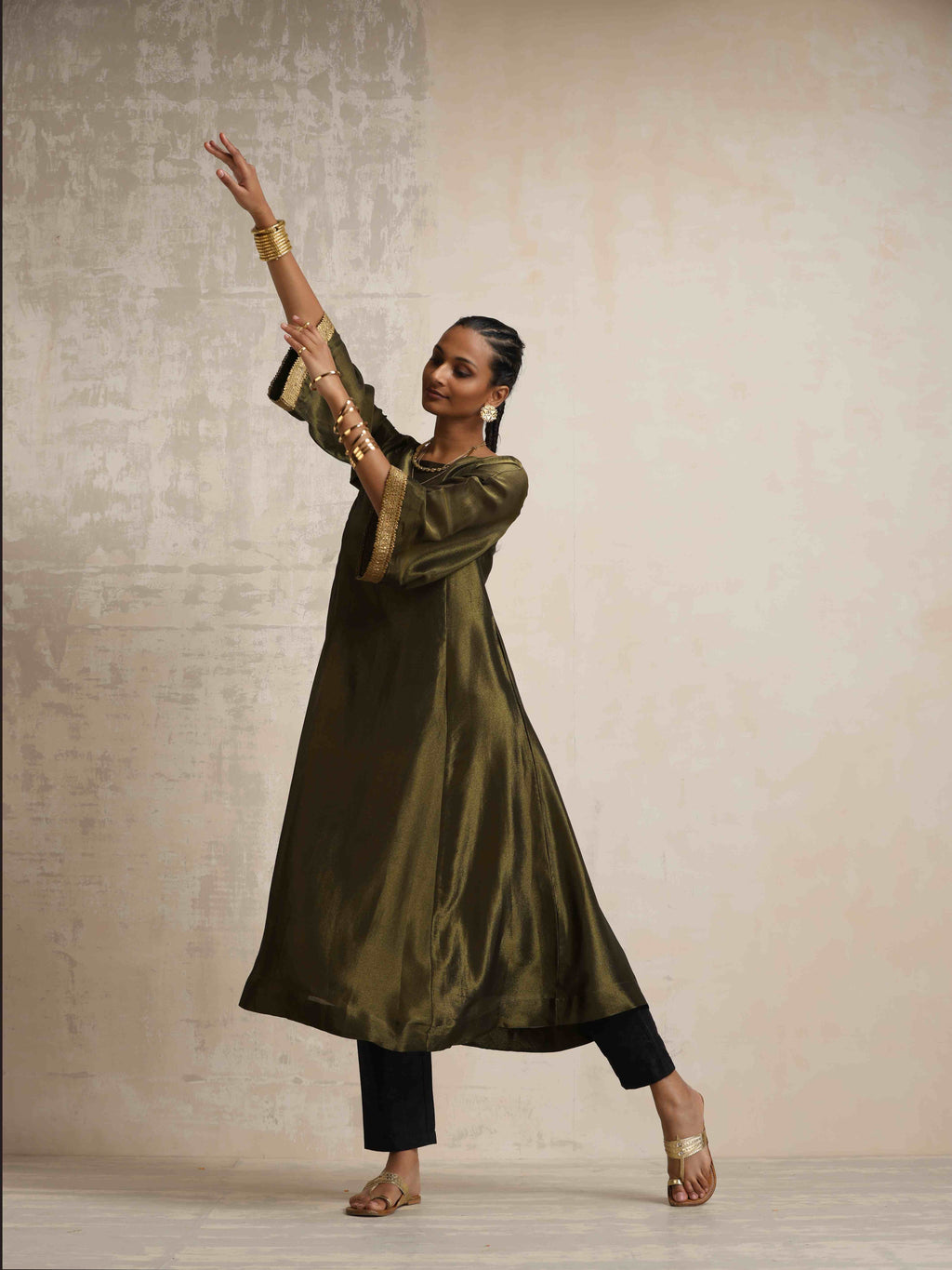 trueBrowns Olive Green Tissue Flared Anarkali Kurta Set - Distacart
