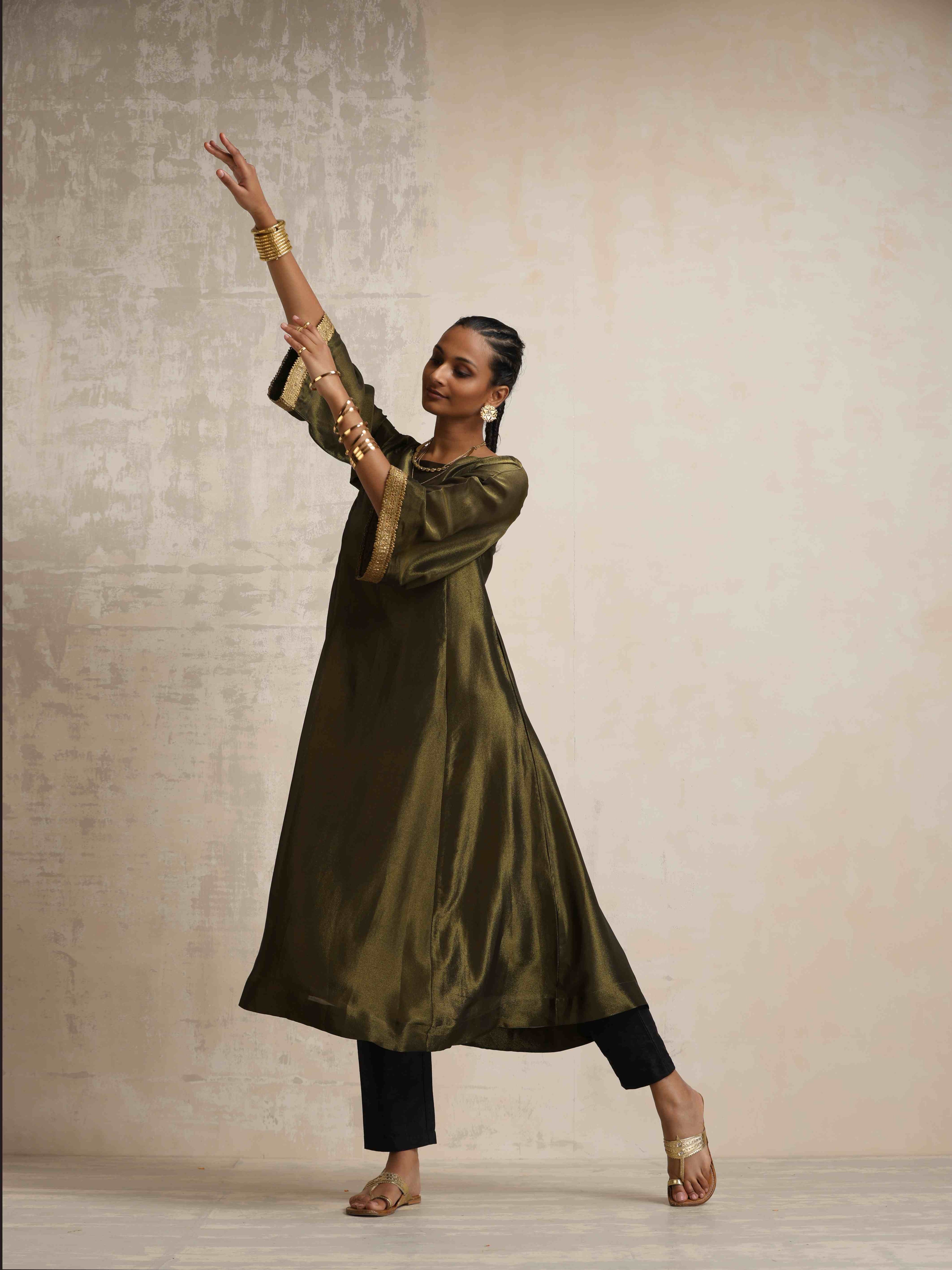 trueBrowns Olive Green Tissue Flared Anarkali Kurta Set - Distacart