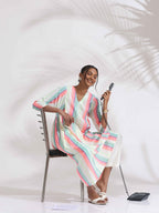 trueBrowns Off-White Cotton Multi Stripe Flared Kurta Set - Distacart