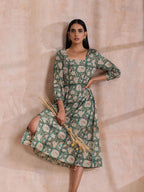 trueBrowns Fern Green Overall Floral Block Print Cotton Square Neck Dress - Distacart