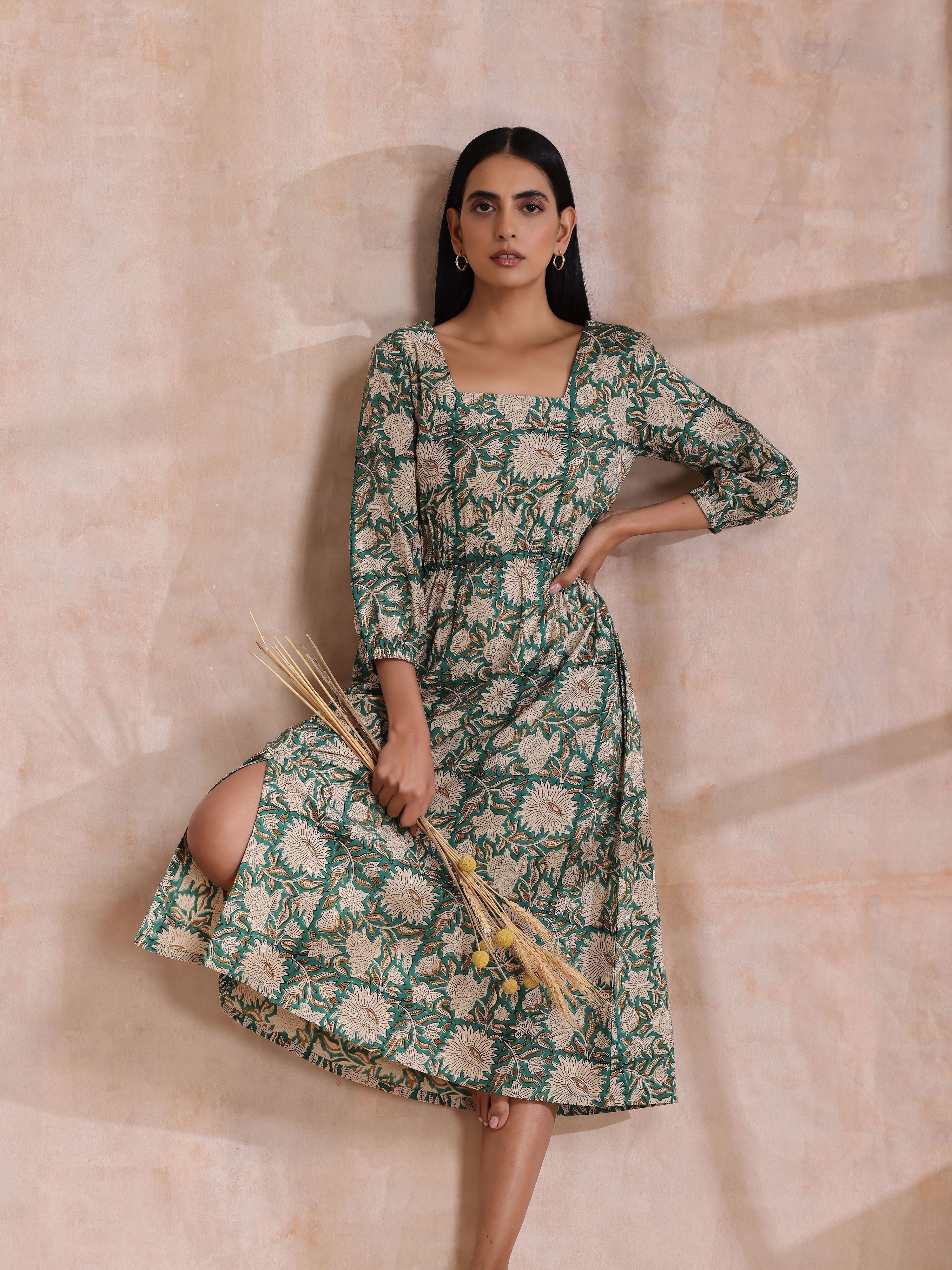 trueBrowns Fern Green Overall Floral Block Print Cotton Square Neck Dress - Distacart