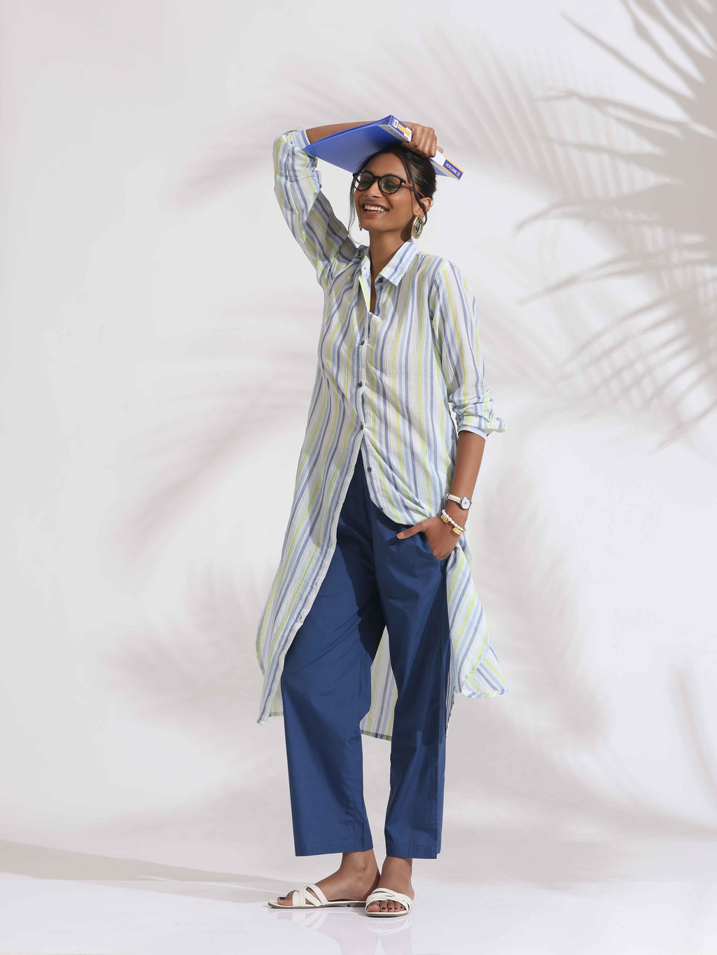 trueBrowns White Cotton Multi Stripe Shirt Kurta Set - Distacart