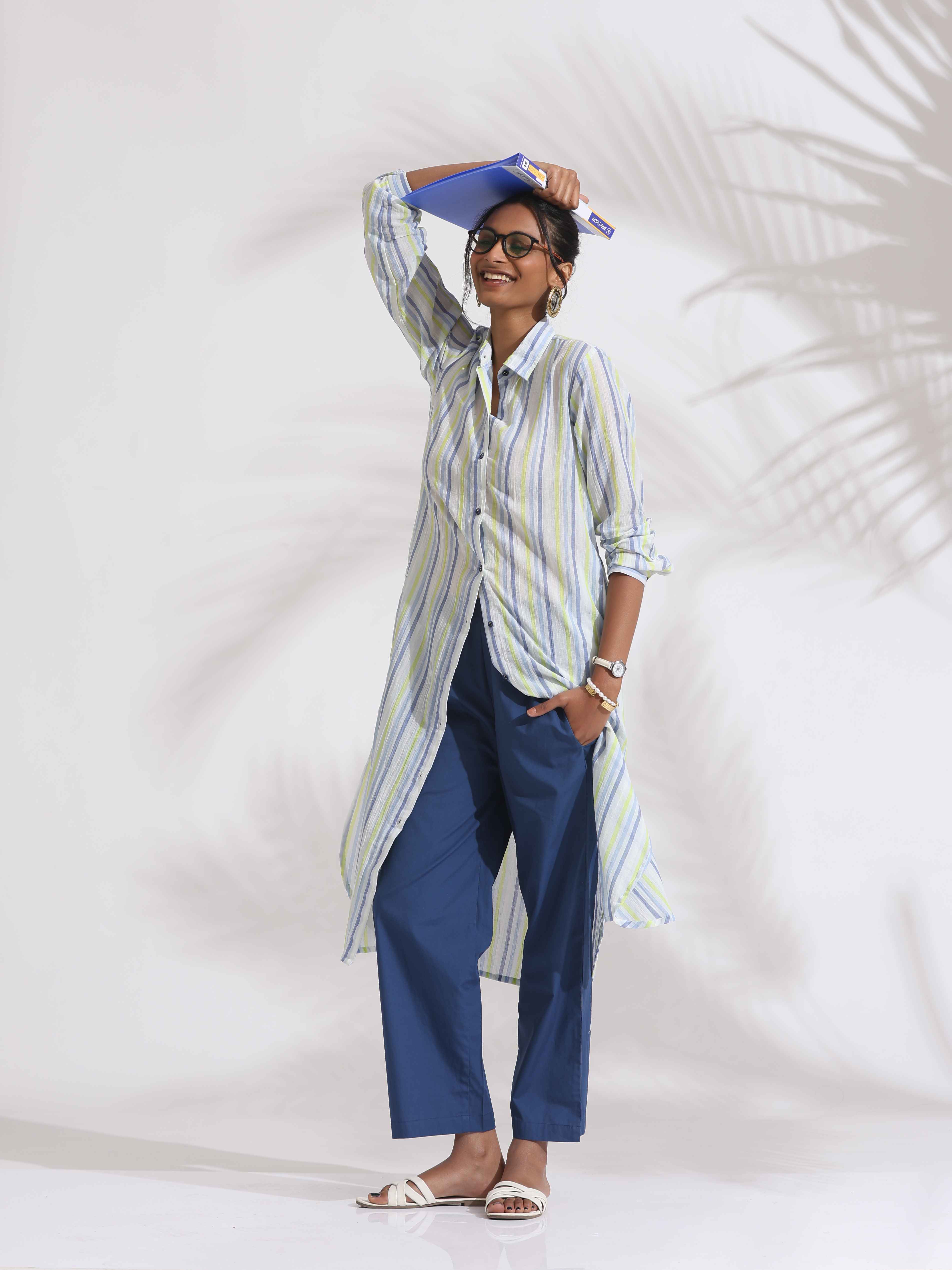 trueBrowns White Cotton Multi Stripe Shirt Kurta Set - Distacart