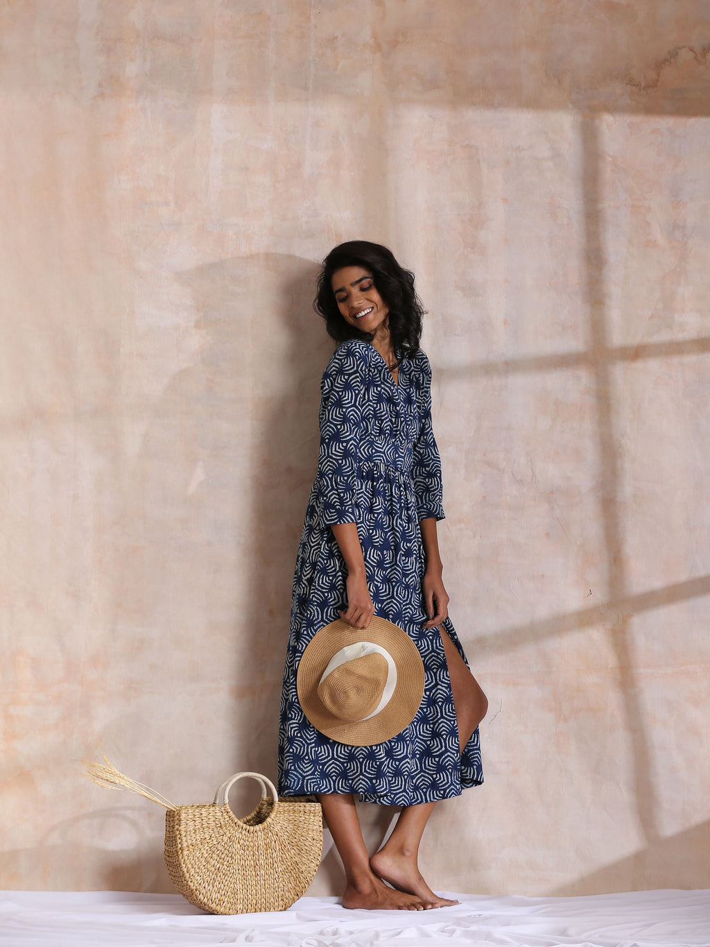trueBrowns Indigo Dabu Overall Print Cotton Wrap Dress - Distacart