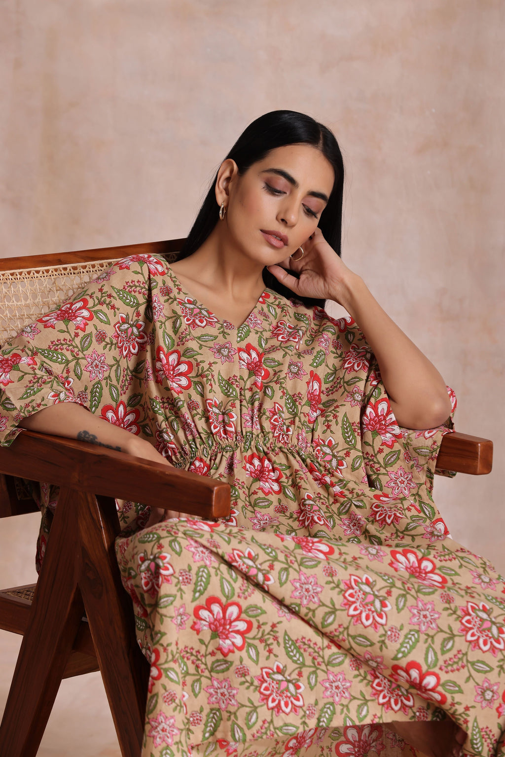 trueBrowns Beige Overall Big Floral Block Print Cotton Kaftan Dress - Distacart