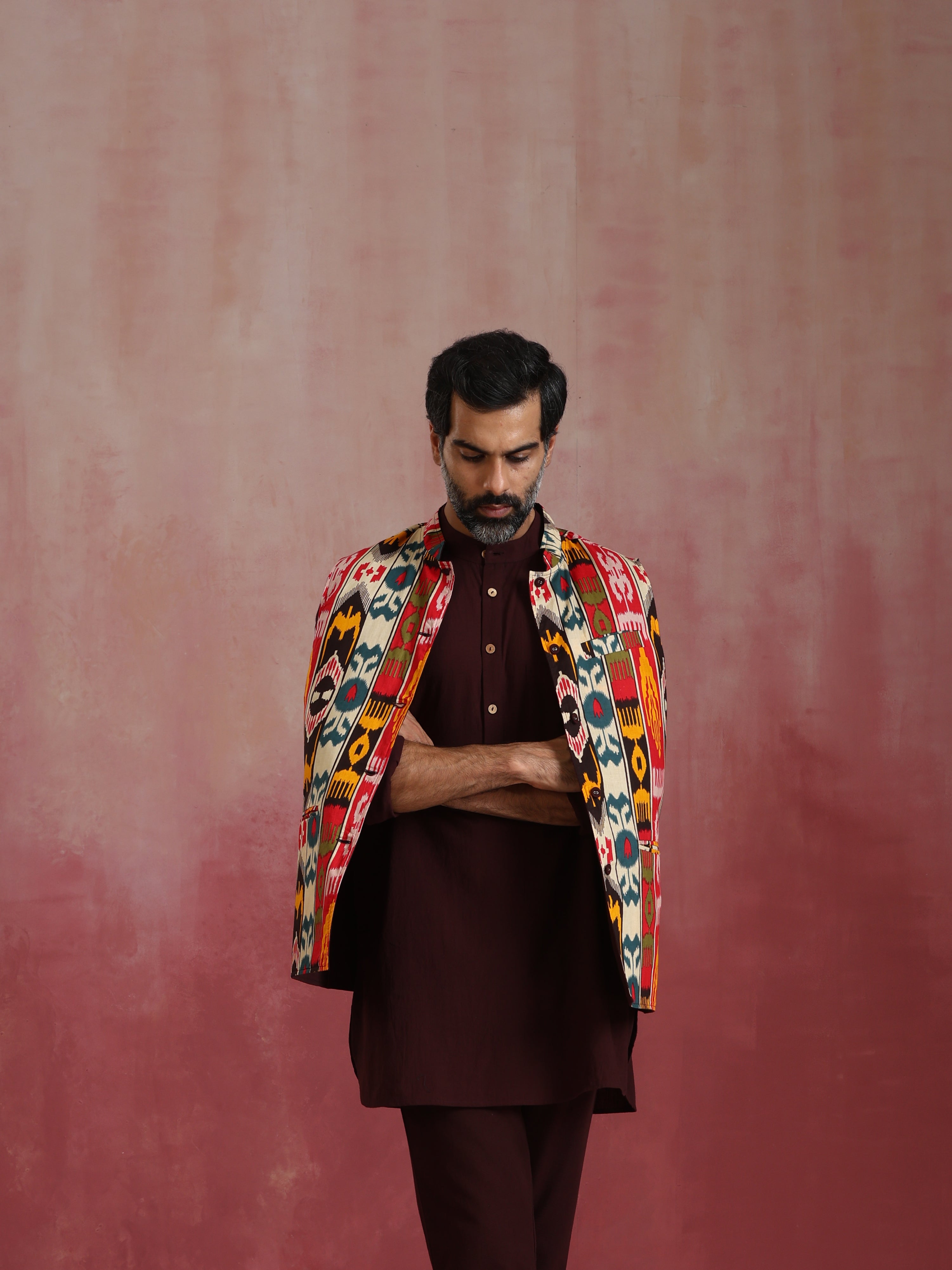 trueBrowns Men's Cola Ikat Print Cotton Reversible Nehru Jacket
