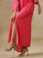 trueBrowns Pink Bandhani Printed Silk Drop Shoulder Dress - Distacart