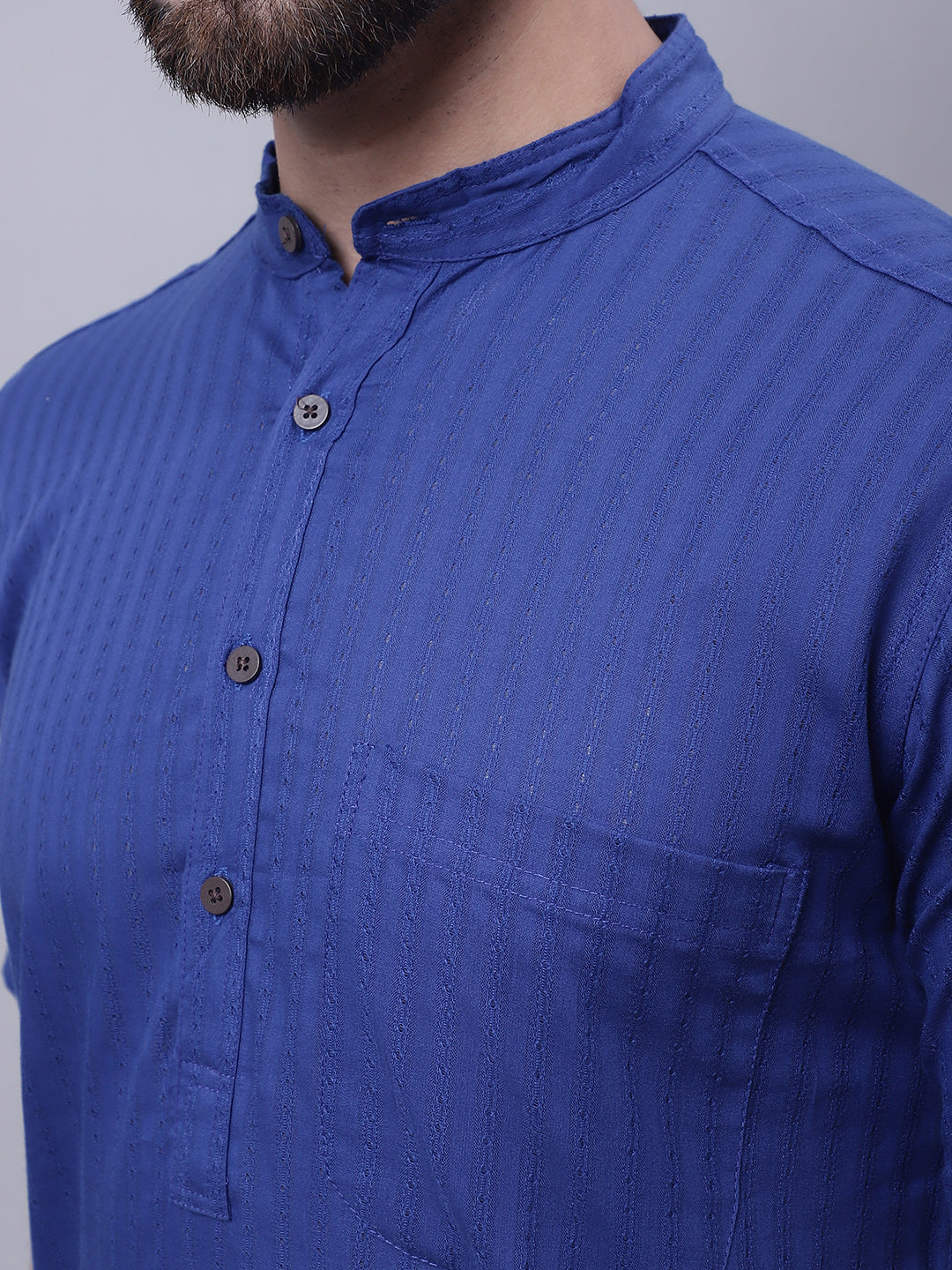 Even Apparels Blue Pure Cotton Short Sleeves Kurta With Band Collar - Distacart