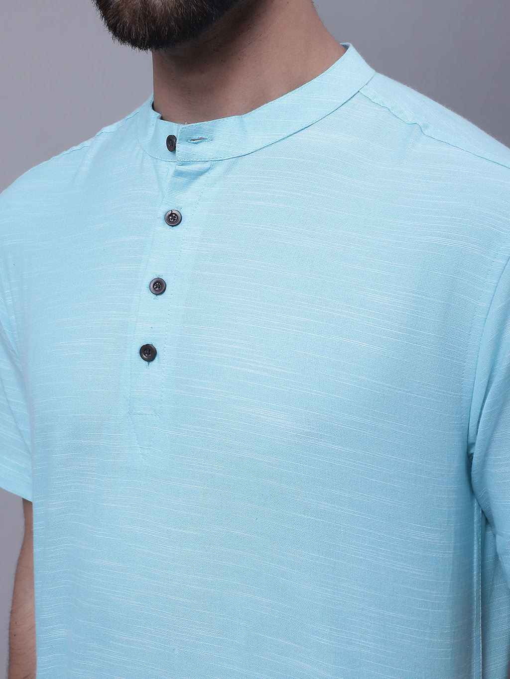 Even Apparels Blue Pure Cotton Short Kurta With Band Collar - Distacart