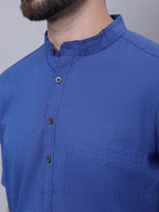 Even Apparels Blue Pure Cotton Short Sleeves Kurta With Band Collar - Distacart