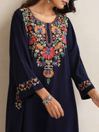 trueBrowns Blue Kashmiri Floral Embroidered Woollen Phiran Kurta - Distacart
