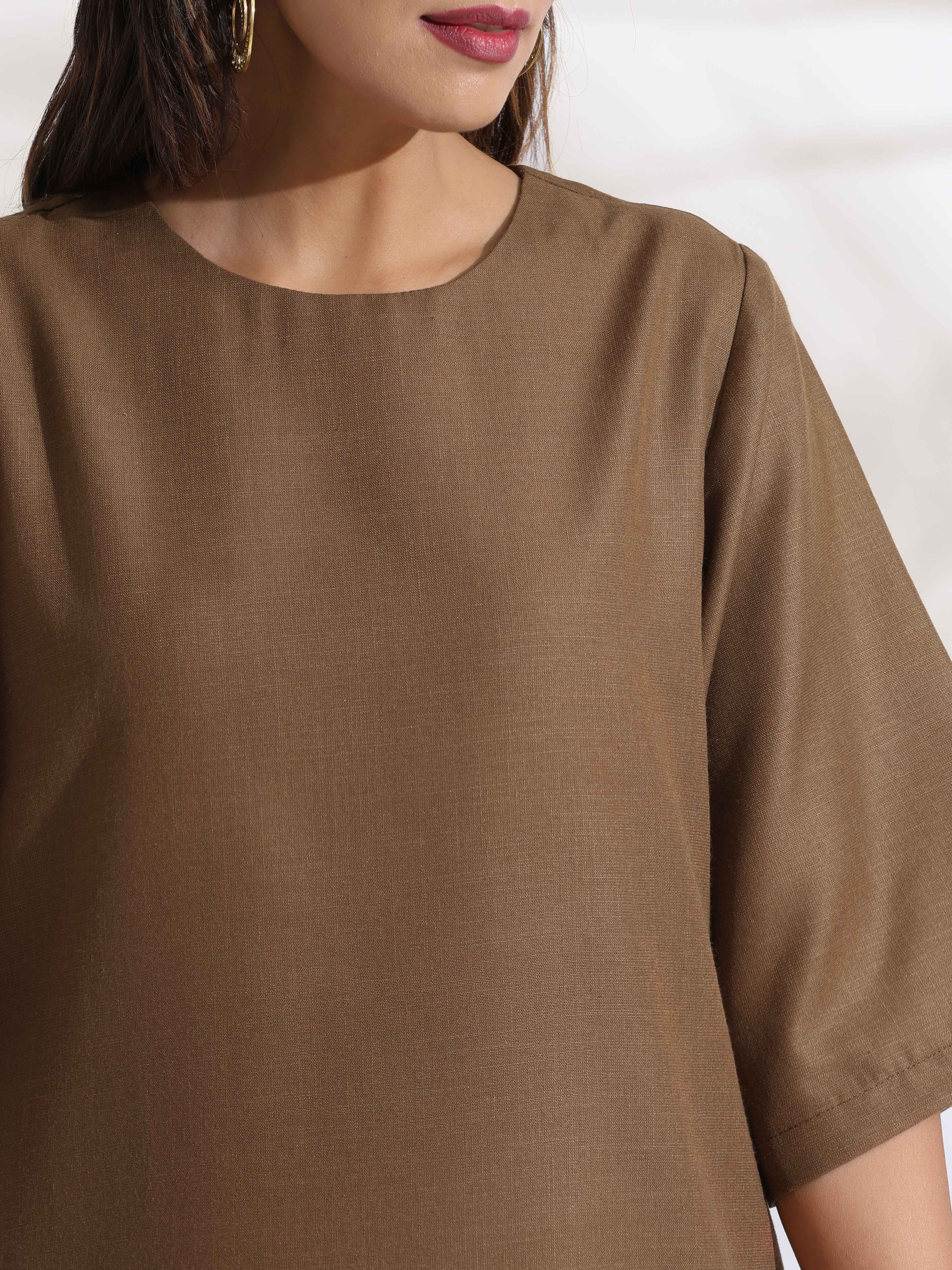 trueBrowns Brown Slub Dress - Distacart