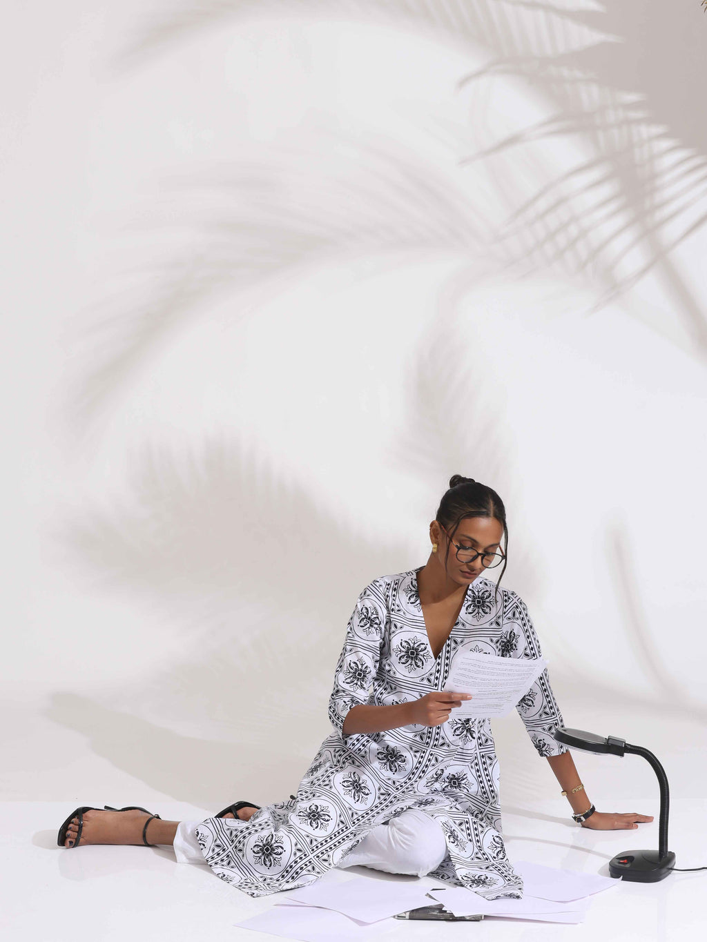 trueBrowns White Cotton Geometric Print Angrakha Kurta Set - Distacart
