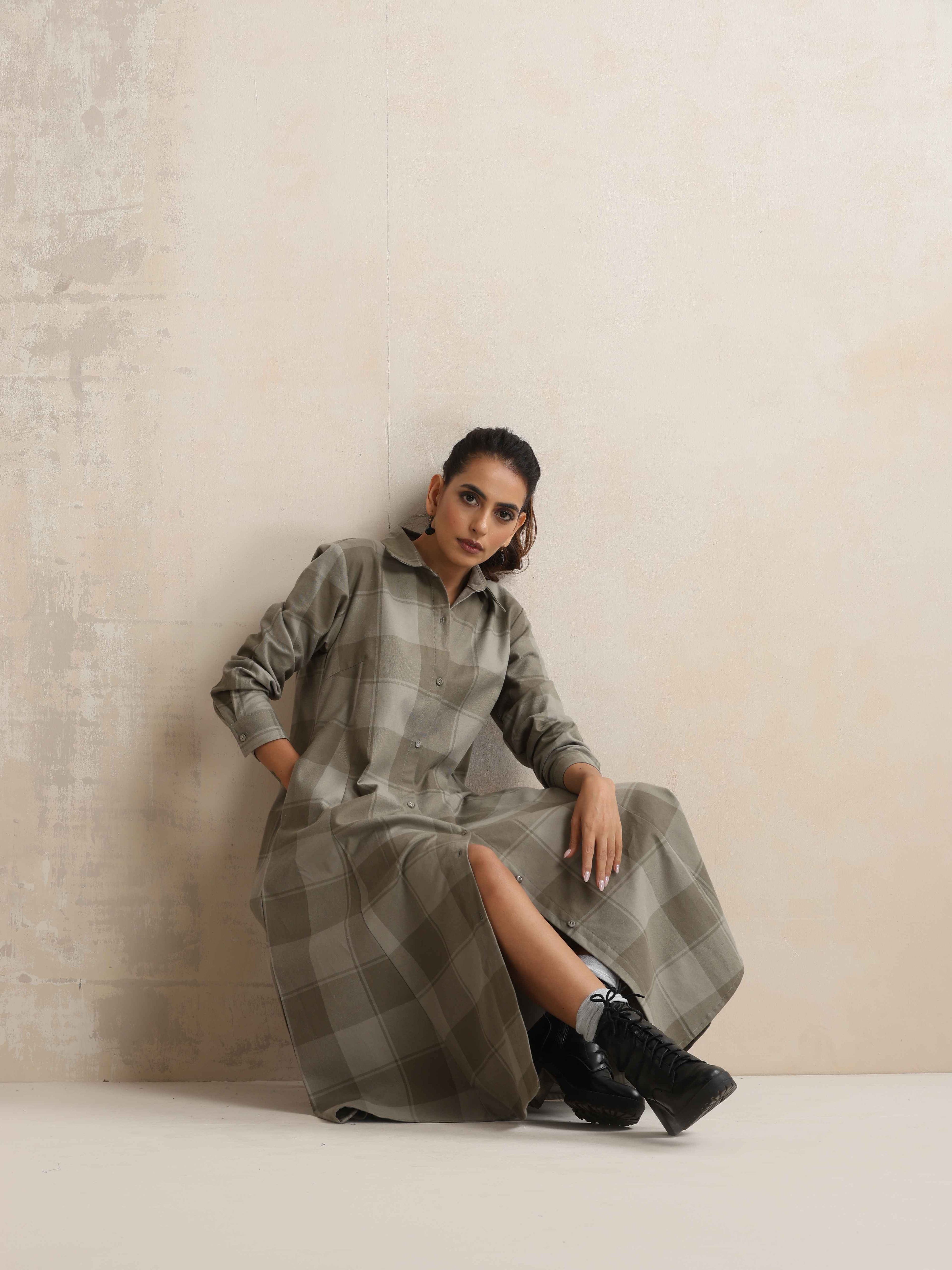 trueBrowns Green Check Flared Winter Dress - Distacart