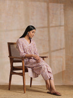 trueBrowns Grey Overall Floral Block Print Cotton Flared Slit Kurta Pant Set | Relove - Distacart