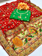 Lorenvalley Fashion Premium Red Vichitra Silk Embroidery and Diamond work Both Side Saree