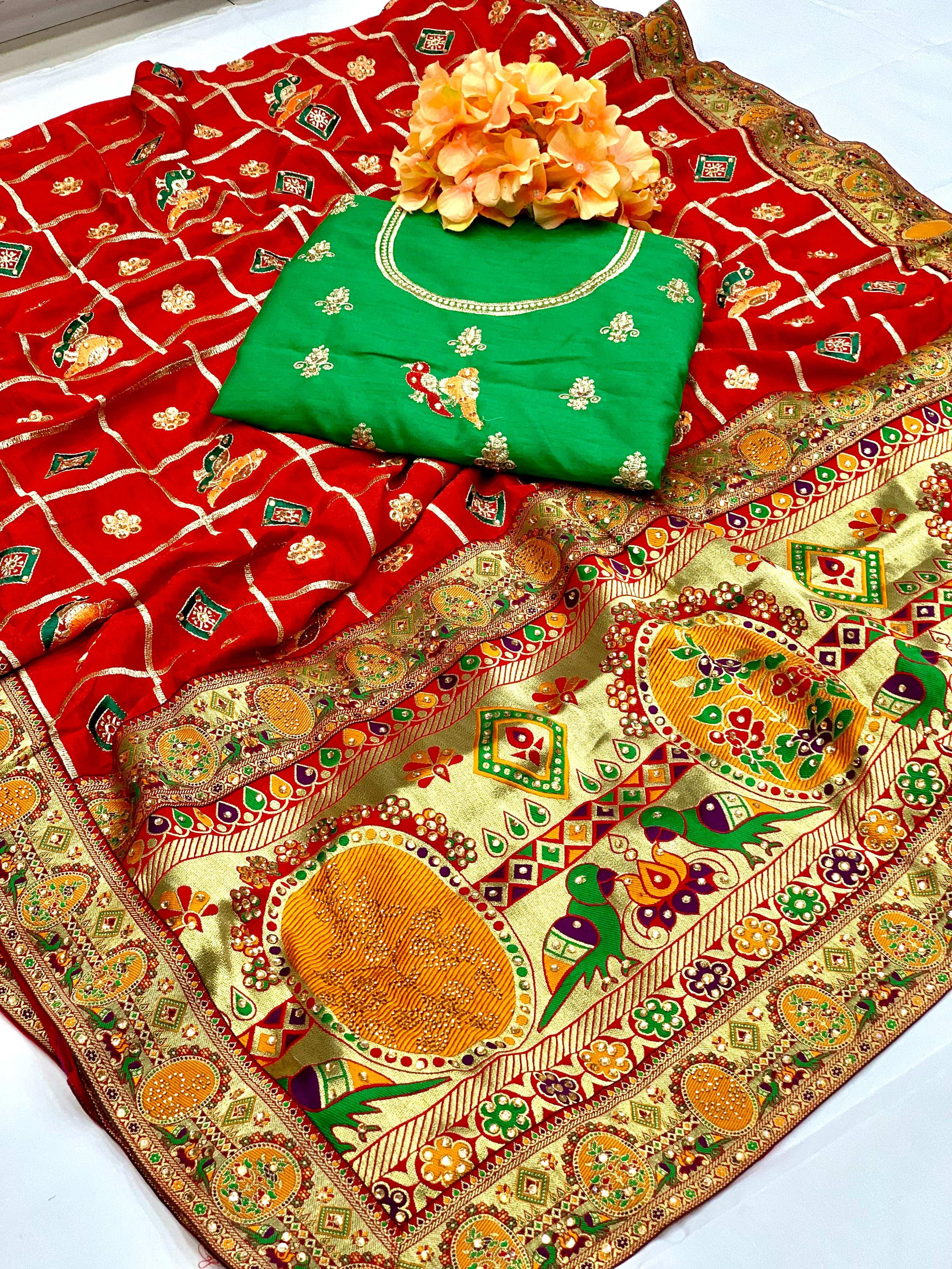 Lorenvalley Fashion Premium Red Vichitra Silk Embroidery and Diamond work Both Side Saree
