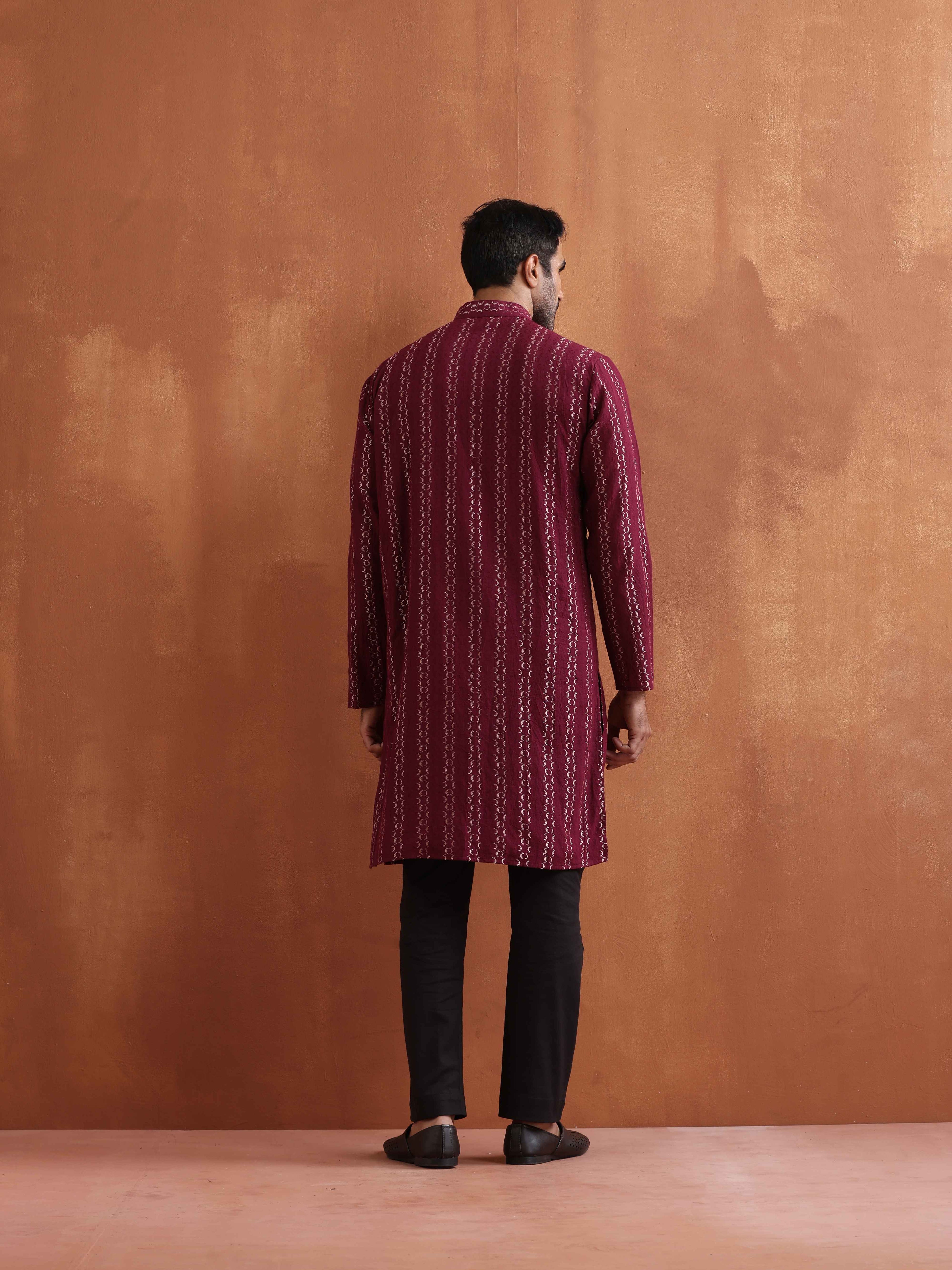 trueBrowns Men's Dark Purple Cotton Dobby Kurta