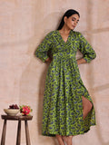 trueBrowns Lime Green Overall Blue Floral Block Print Cotton Wrap Dress - Distacart