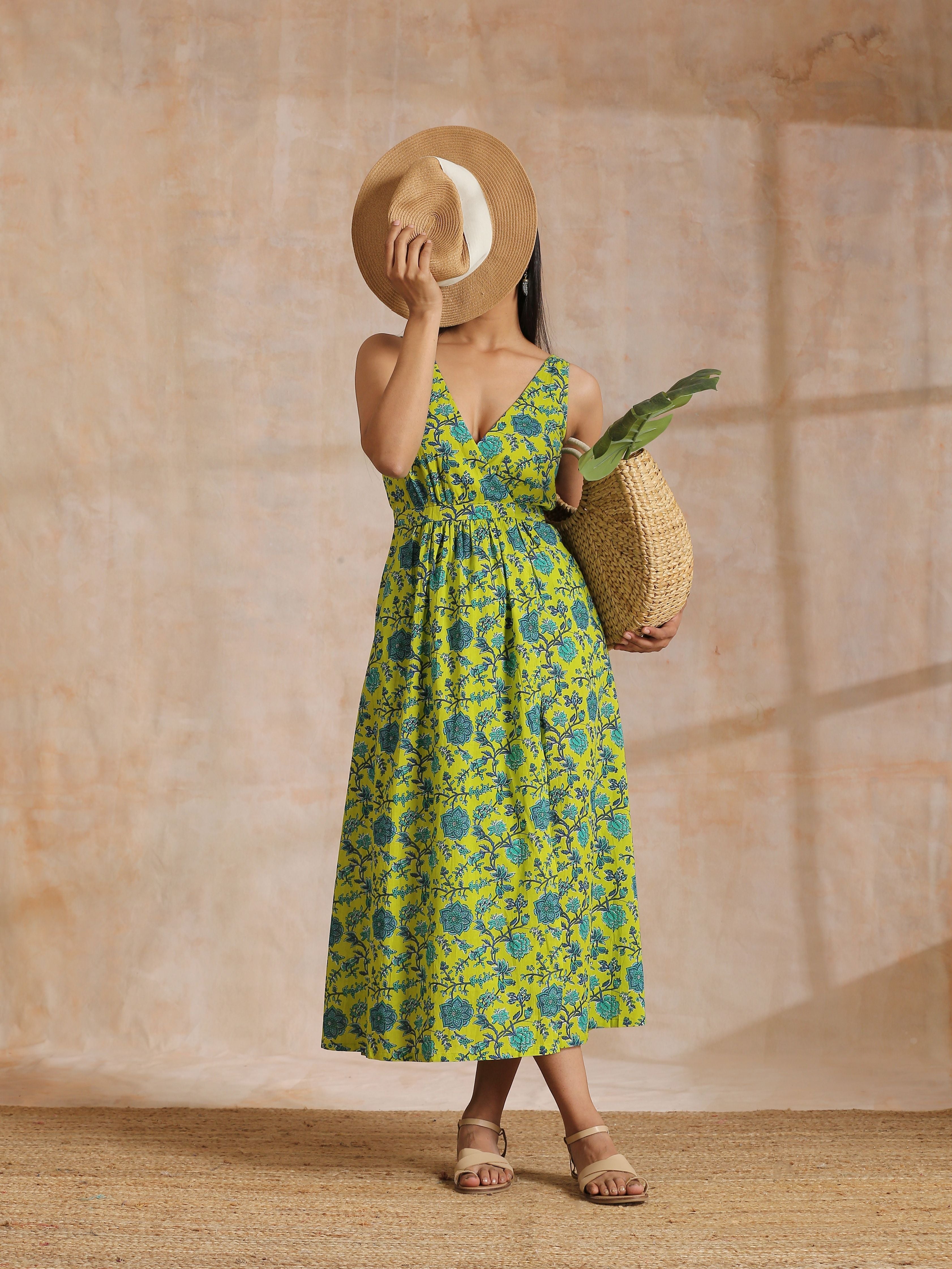 trueBrowns Lime Green Overall Teal Floral Block Print Cotton Sleeveless Wrap Dress - Distacart