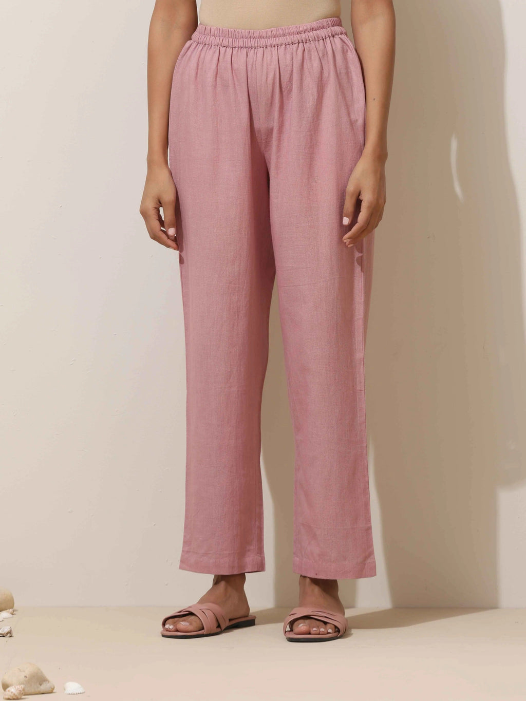 trueBrowns Pink Cotton Linen Kurta Pant Set - Distacart