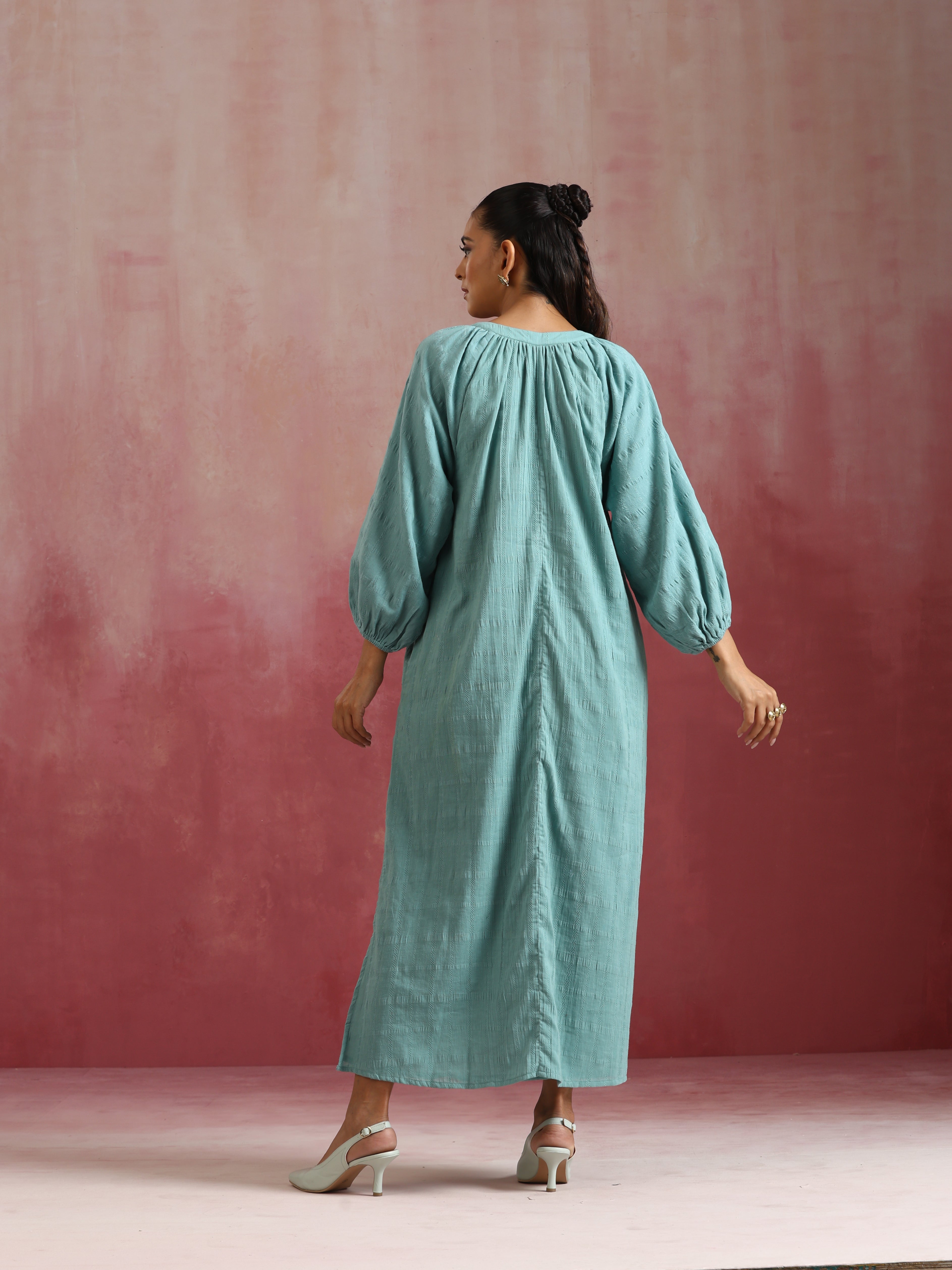 trueBrowns Aqua Blue Cotton Dobby Dress - Distacart