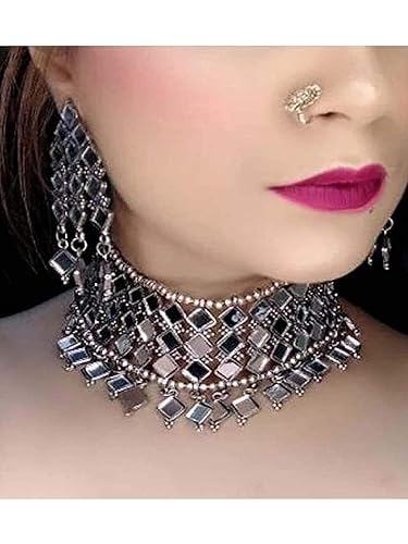 Tehzeeb Creations Women's Silver Colour Oxidised Necklace And Earring With Mirror Work