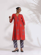 trueBrowns Red Cotton Print Kurta Set - Distacart