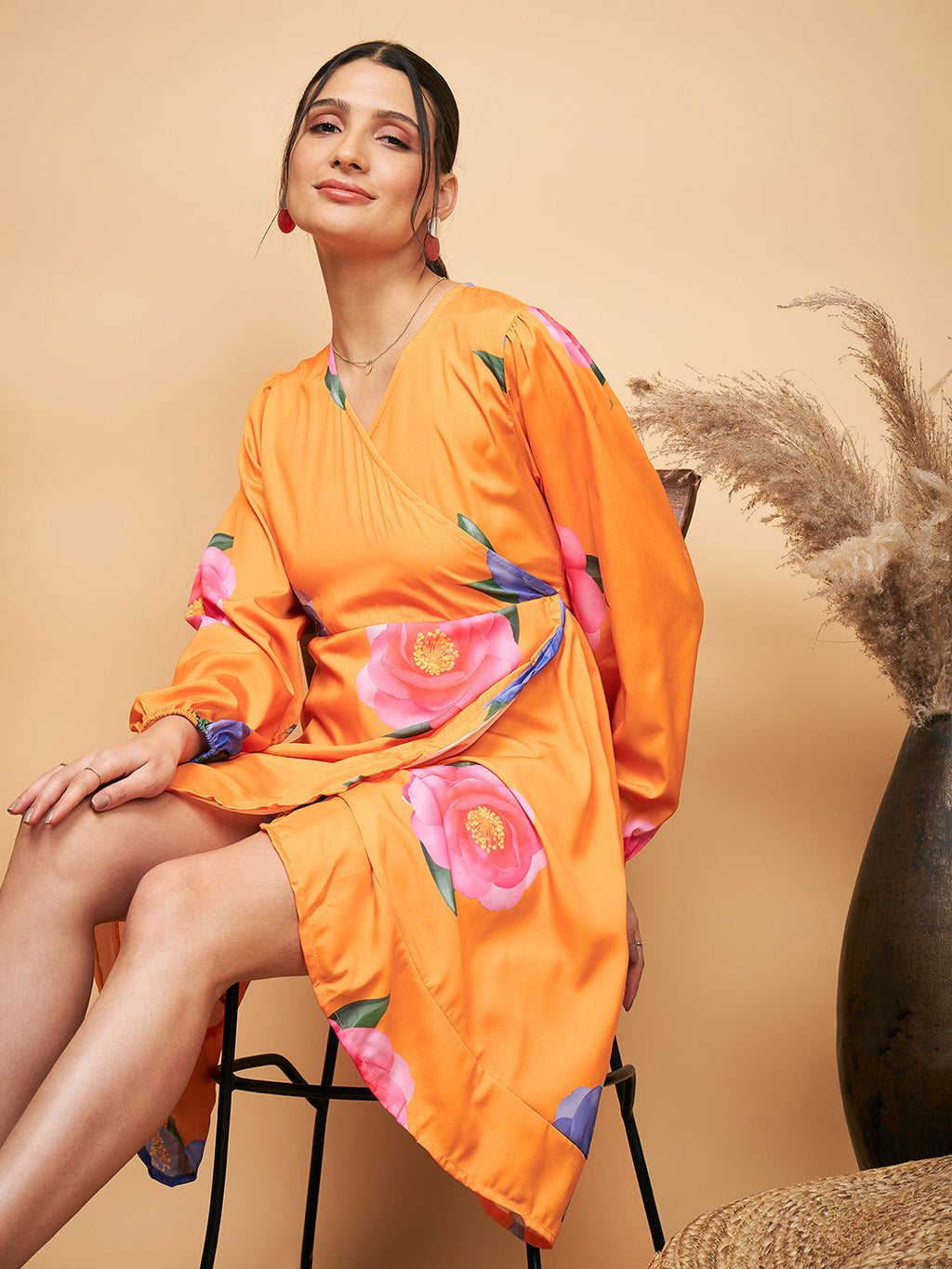 InWeave Women's Haldi Yellow Pink Mauve Flower Belted Dress - Distacart