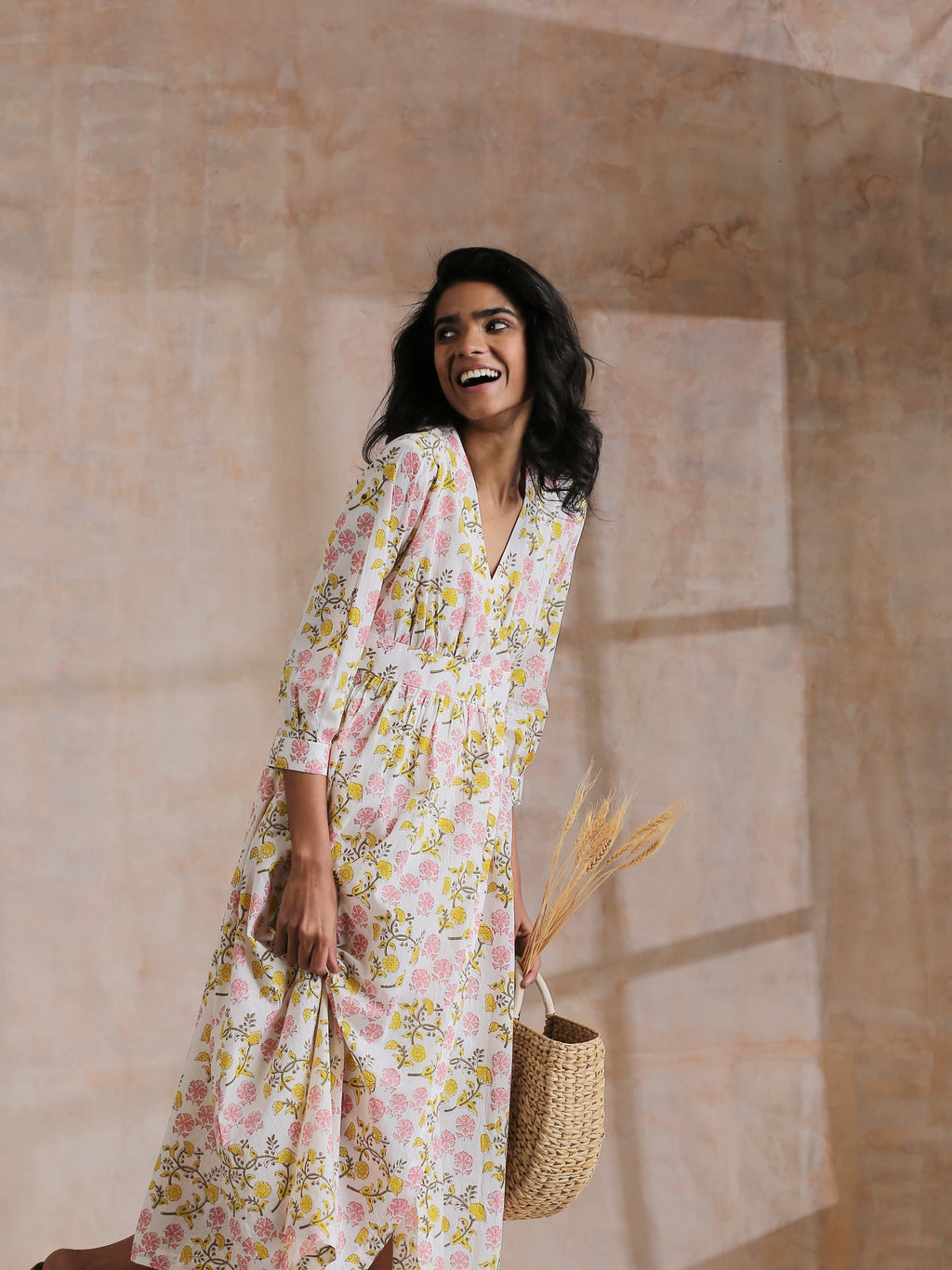 trueBrowns Pink Yellow Floral On White Block Print Cotton Wrap Dress | Relove - Distacart
