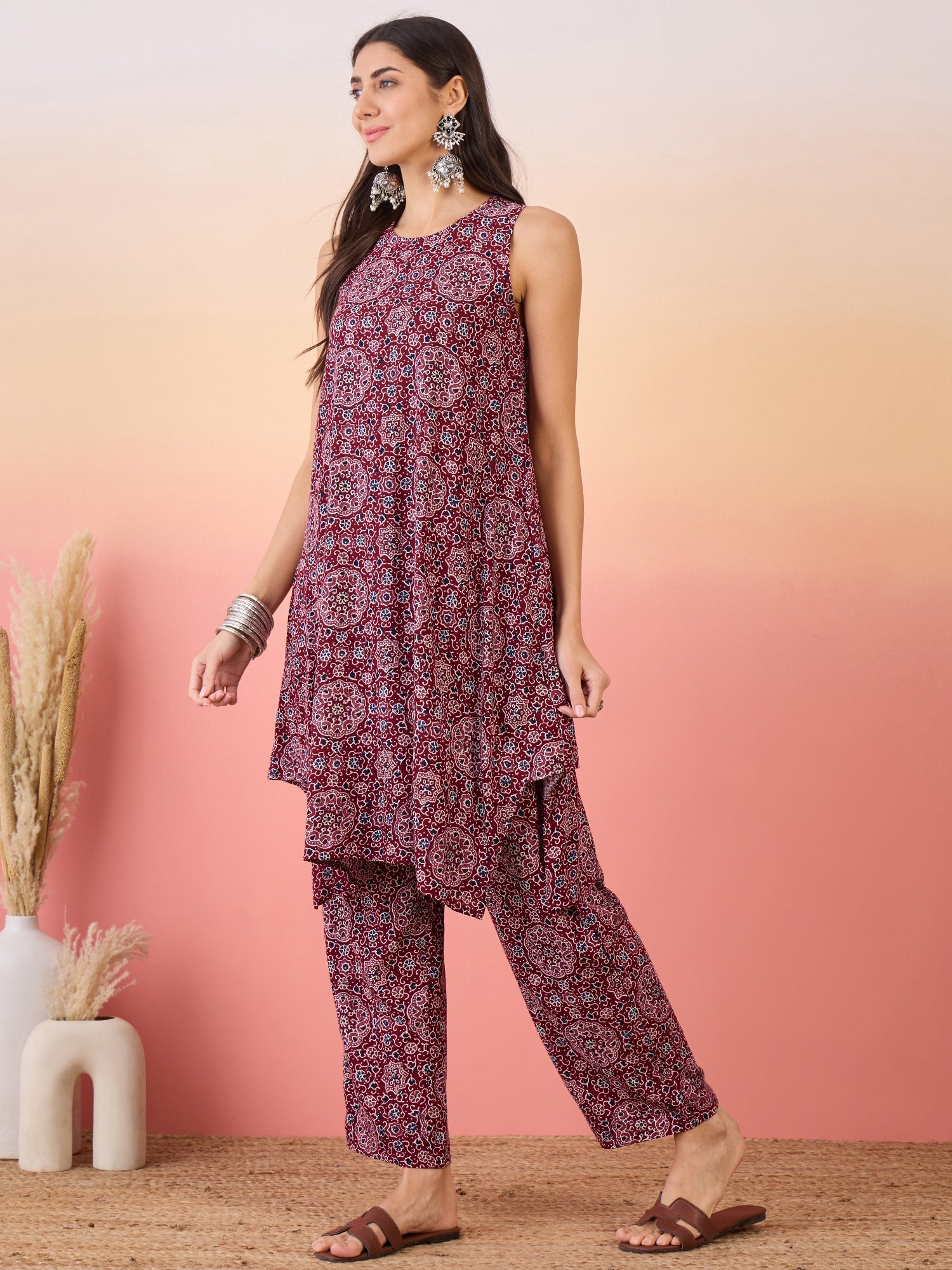 InWeave Maroon Navy Ajrakh Foil Round Neck Kurta Pant Set