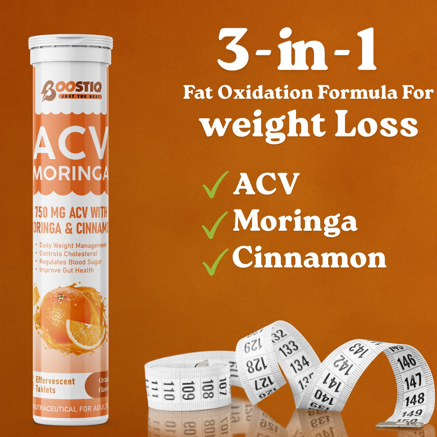 BOOSTIQ ACV Moringa & Cinnamon Effervescent Tablets - Orange Flavour