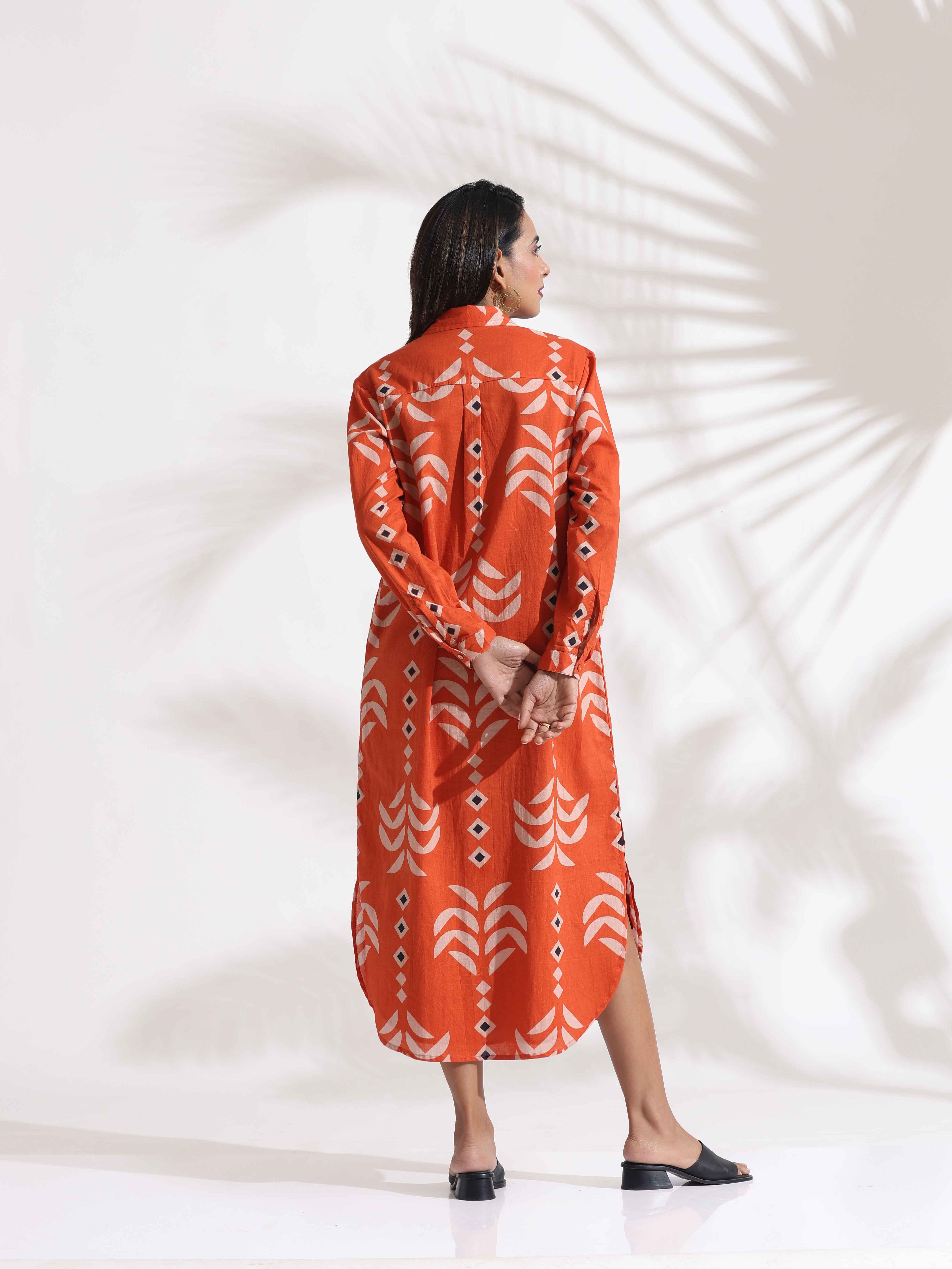 trueBrowns Orange Cotton Print Shirt Dress - Distacart