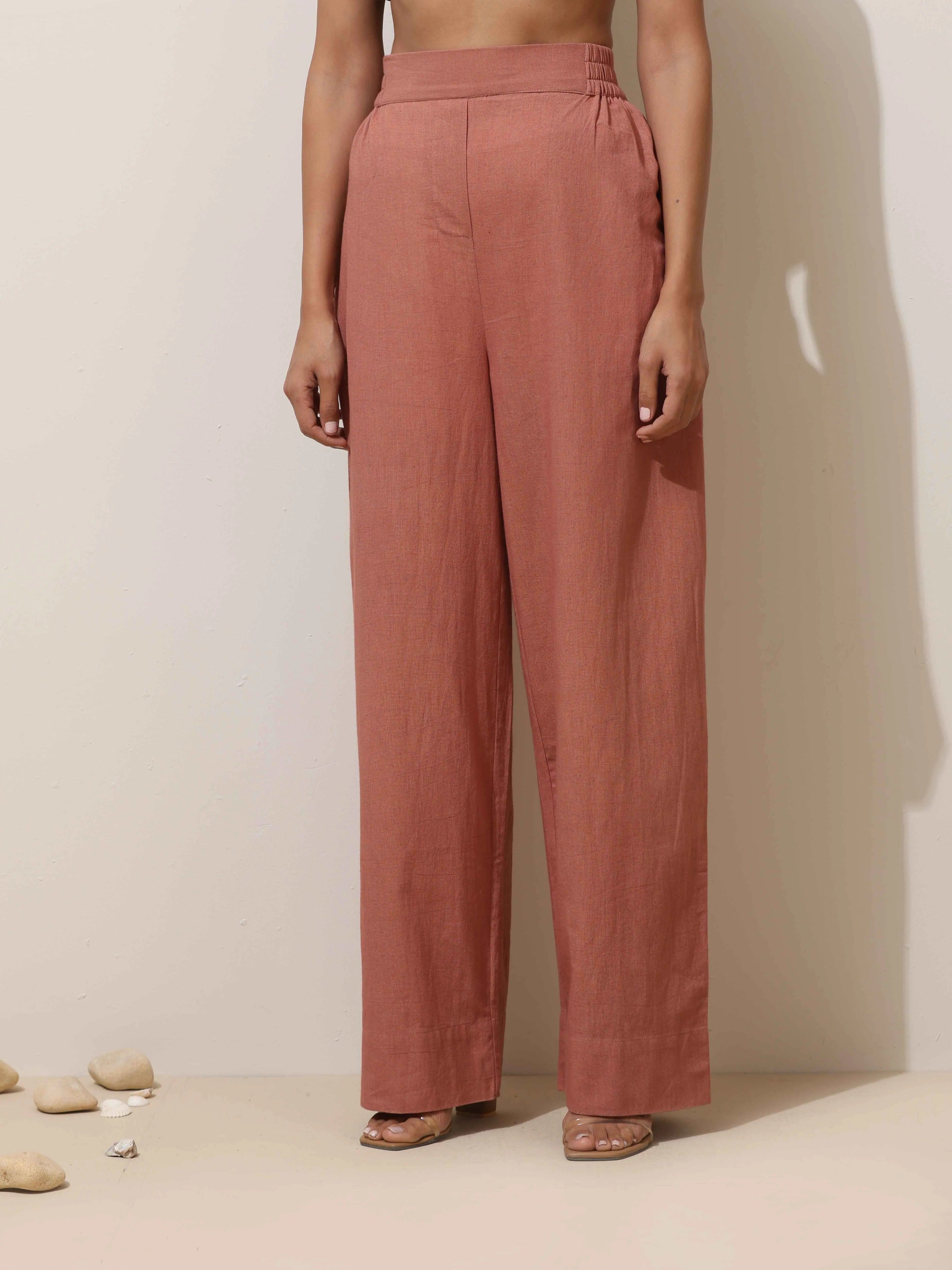trueBrowns Peach Cotton Linen Kurta Pant Set - Distacart
