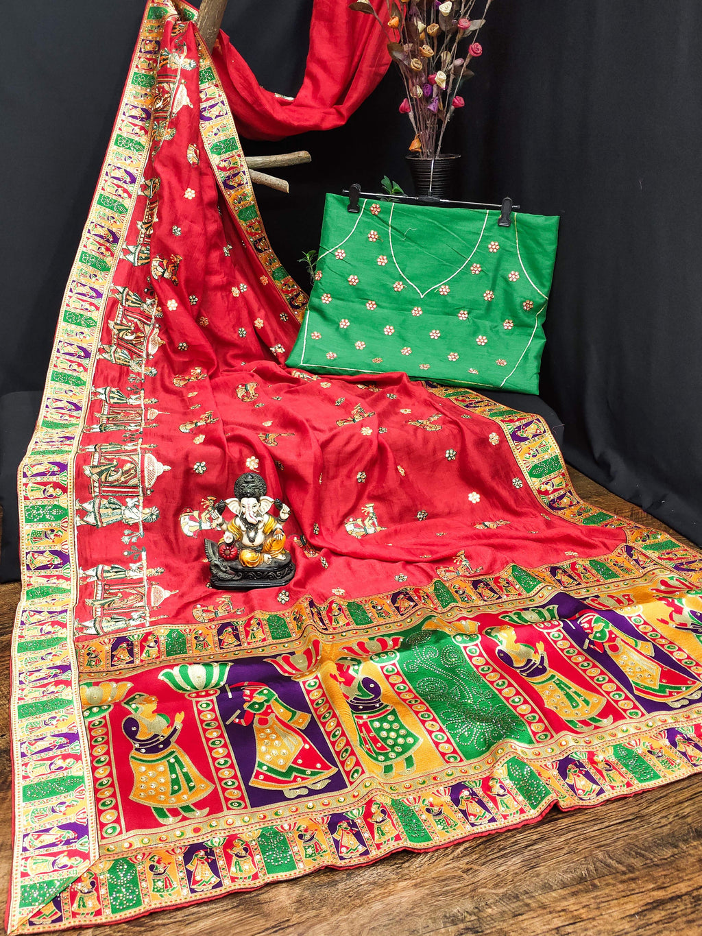 Lorenvalley Fashion Premium Red Vichitra Silk Embroidery and Diamond work Both Side Saree