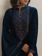 trueBrowns Blue Velvet Floral Embroidered Kurta Pant Dupatta Set - Distacart