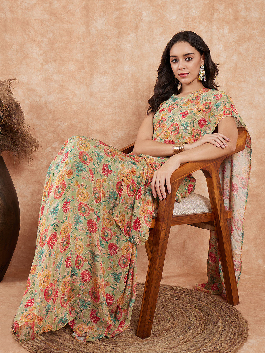 InWeave Women's Pear Green Red Floral Skirt Saree - Distacart