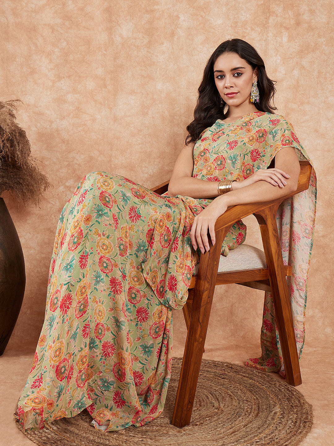 InWeave Women's Pear Green Red Floral Skirt Saree - Distacart