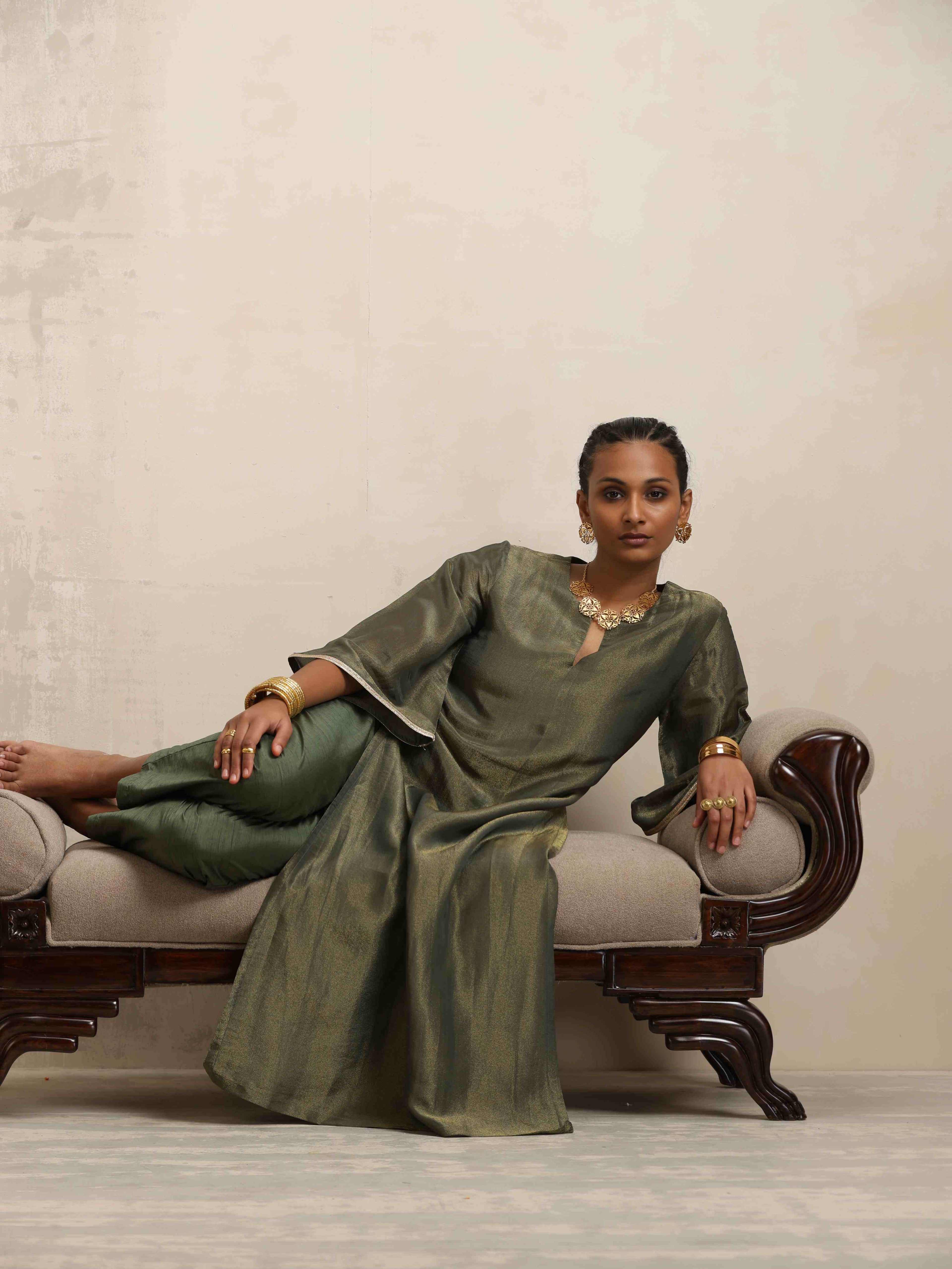 trueBrowns Green Tissue Kurta Set - Distacart