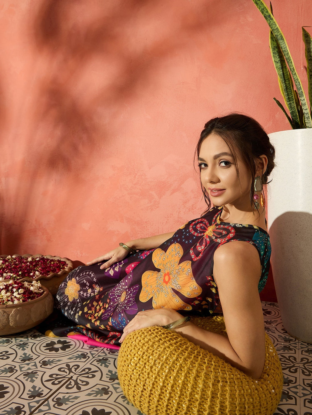 InWeave Black Floral Fuchsia Asymmetrical Dress - Distacart