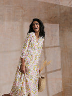 trueBrowns Pink Yellow Floral On White Block Print Cotton Wrap Dress - Distacart