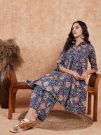 InWeave Women's Blue Green Pink Floral Print Flared Kurta Pant Set - Distacart