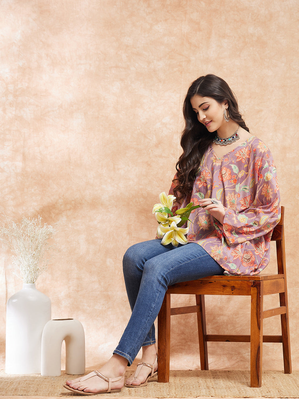 InWeave Women's Dove Grey Floral Digital Print Kaftan Boho Top