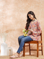 InWeave Women's Dove Grey Floral Digital Print Kaftan Boho Top