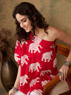 InWeave Women's Red Elephant Print Oneshoulder Top