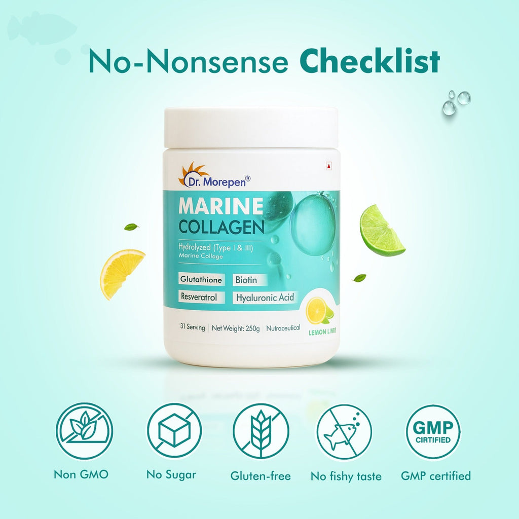 Dr. Morepan Marine Collagen Powder with Glutathione, Hyaluronic Acid, Resveratrol & Biotin Lemon Lime Flavour - Distacart