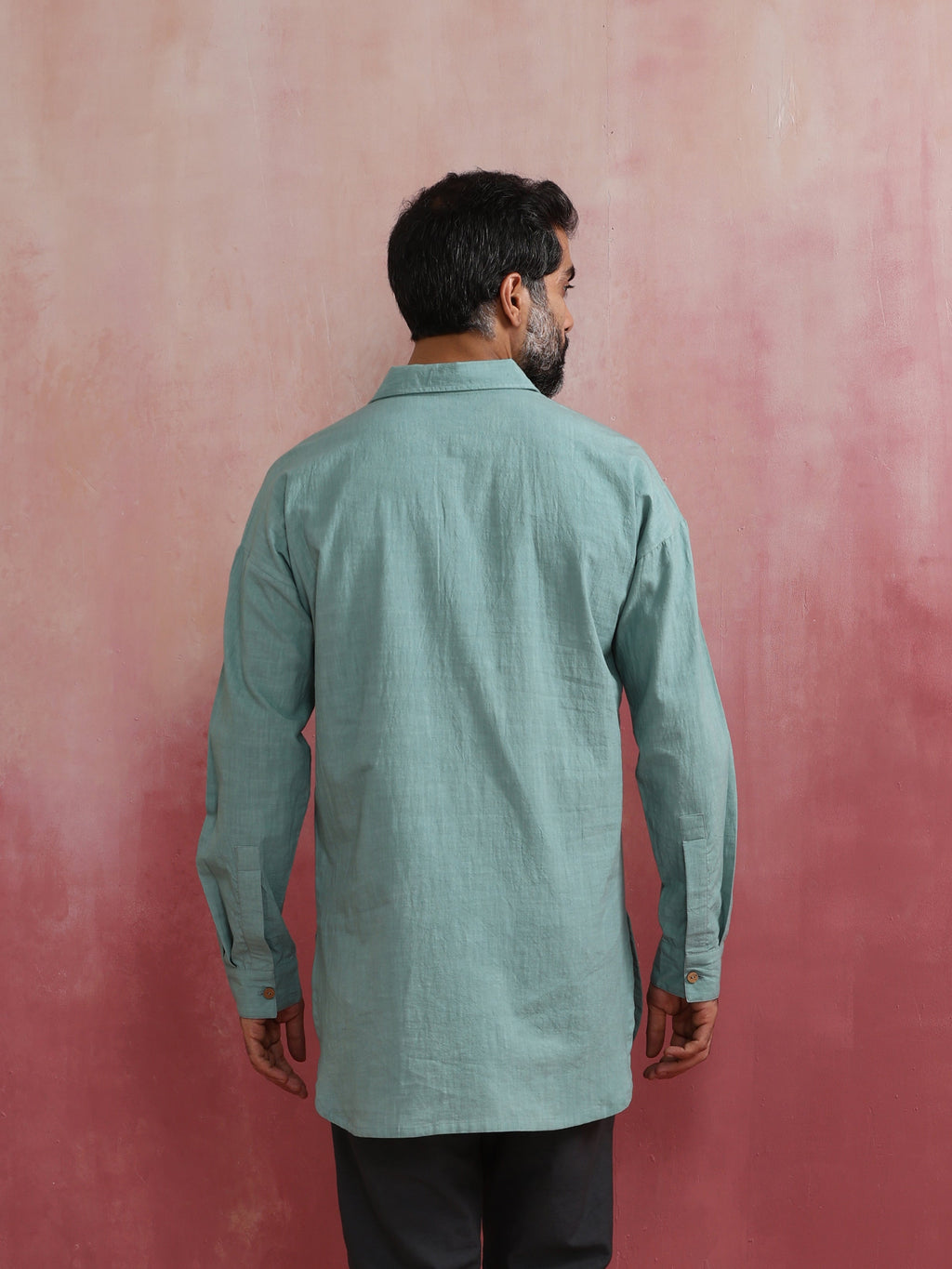 trueBrowns Men's Aqua Blue Cotton Shirt Collar Stylized Kurta
