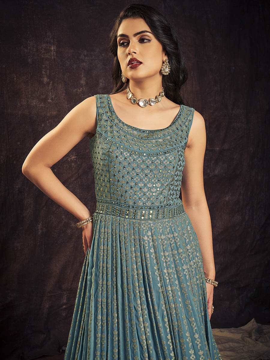 Myra Blue Real Georgette Designer Gown Style Suit - Distacart